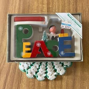 Vintage Colorful Christmas Peace Wooden Candle Holder Decoration w/ Red Candle